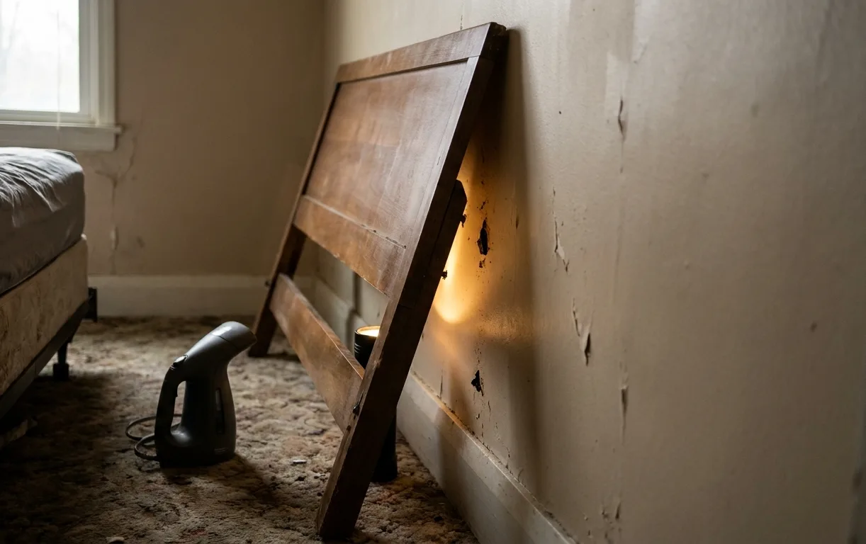 A headboard tilted from the wall for a bed bug inspection